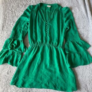 Parker Emerald Silk Mini Dress Pleated V Neck Bell Sleeve Boho Luxe Small